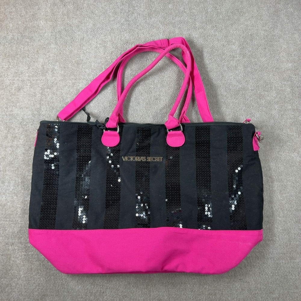 Victoria's Secret Black Sequin Stripe/Pink Travel Duffle Tote Shoulder Bag Beach